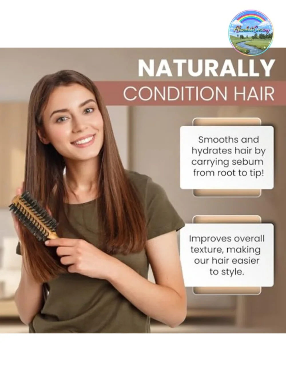 Boar Bristle Round Hair Brush for Volume, Anti-Frizz, Blowout Styling, Wooden